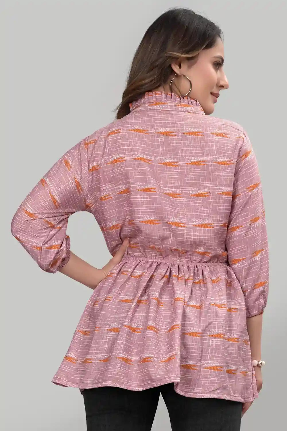 Peach Floral Tunic Top with Ruffle Neck for Women