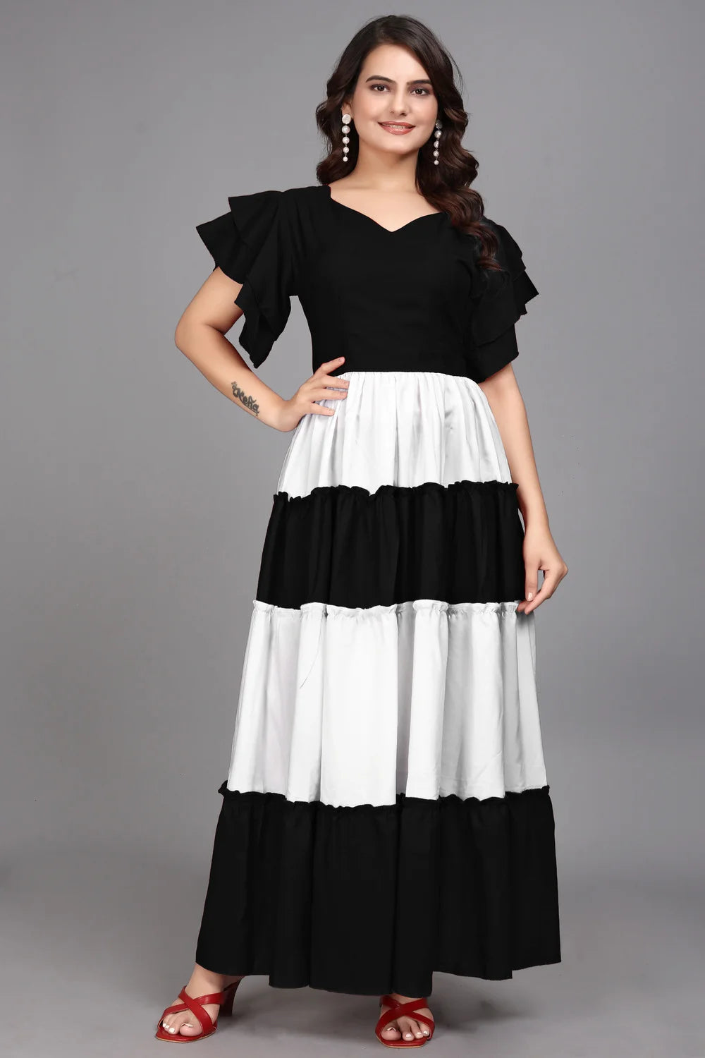 Stylish Black Colourblocked V Neck Maxi Dress for Women by ZELZIS