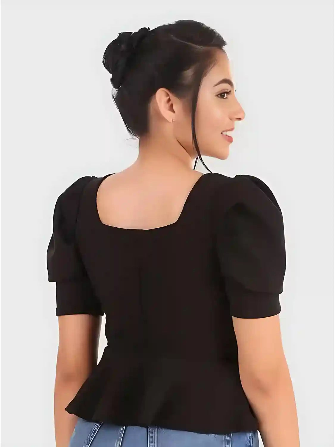 Stylish Black Polyester Puff Sleeve Top for Casual and Party Wear