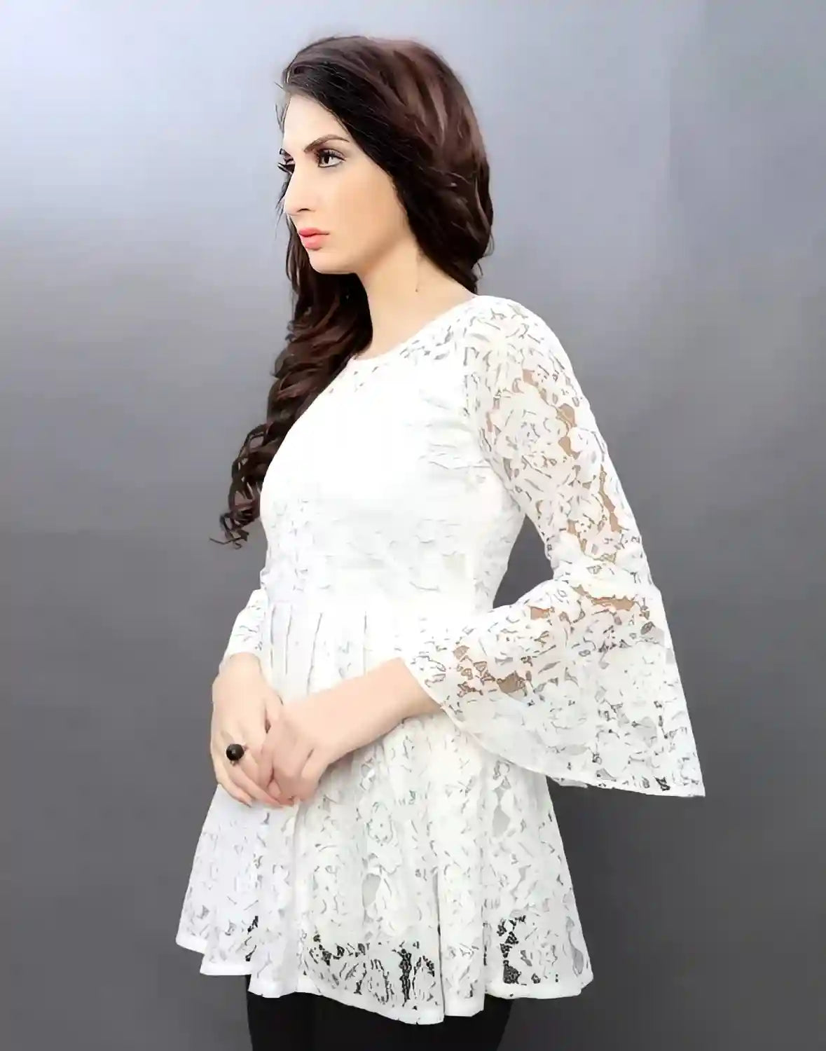 Stylish White Self Design Top with Round Neck and Crepe Inner for Party Wear