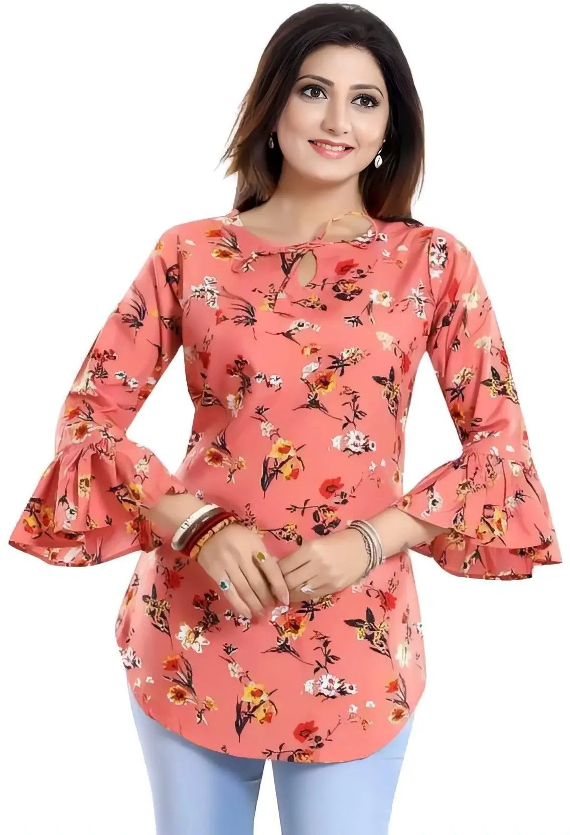 Stylish orange crepe tunic top with three-quarter sleeves for casual wear