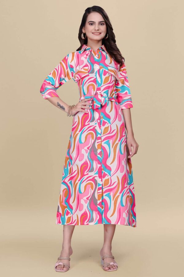Stylish pink abstract pattern cotton dress with collar