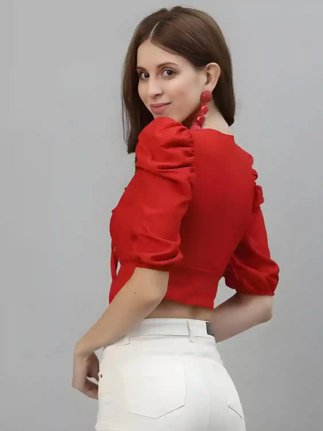 Trendy Short-Length Red Top with a Chic Tie-Up Neck Design