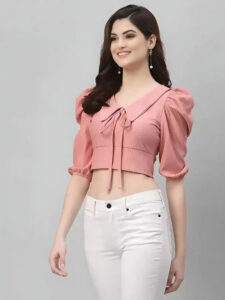 Trendy Short Sleeve Pink Top with Tie-Up Collar for Women