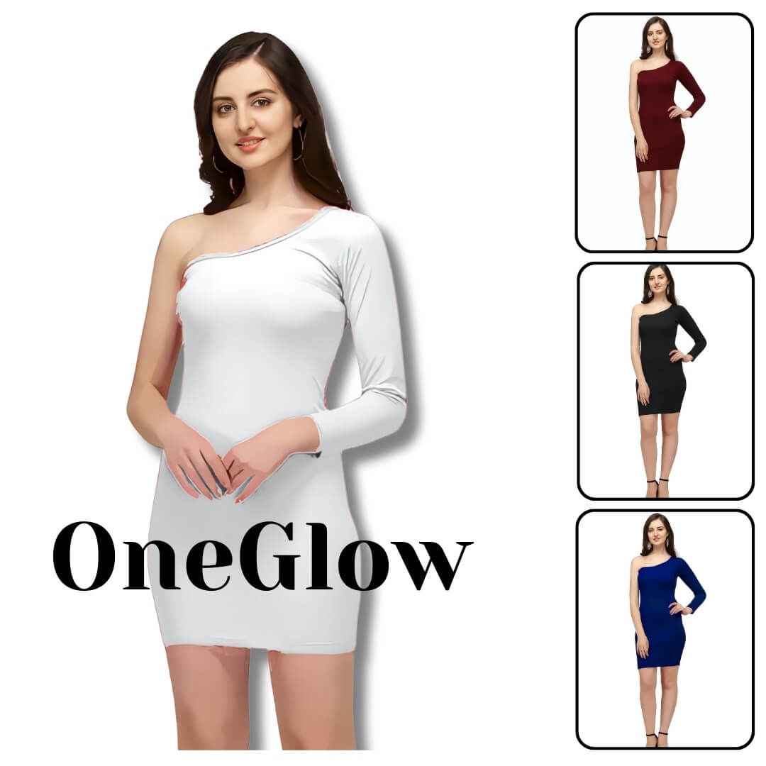 Women_One_Shoulder_Knee_Length_Bodycon_Dress_1 Woman wearing a white one-shoulder dress with 'OneGlow' branding, surrounded by smaller images of dresses in different colors.