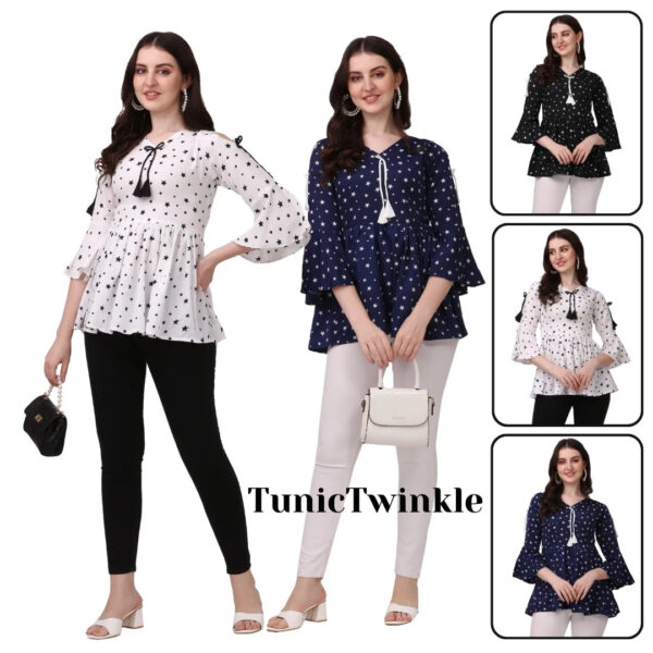 Women's Stylish Star Print Crepe Top | V-Neck, Bell Sleeves | Casual & Party Wear