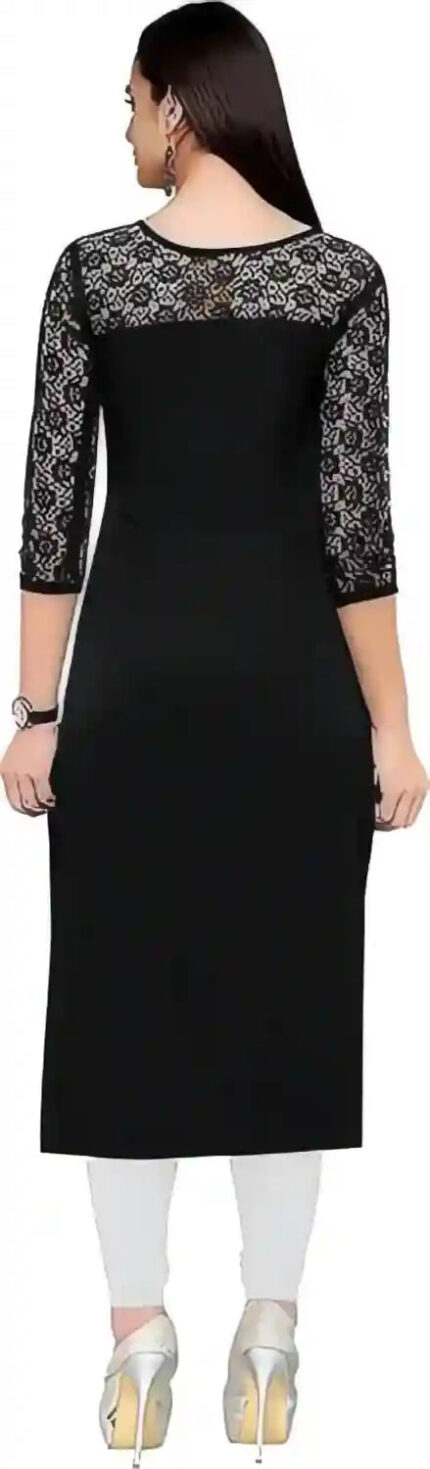 Women's black A-line crepe kurtis round neck three-quarter sleeves