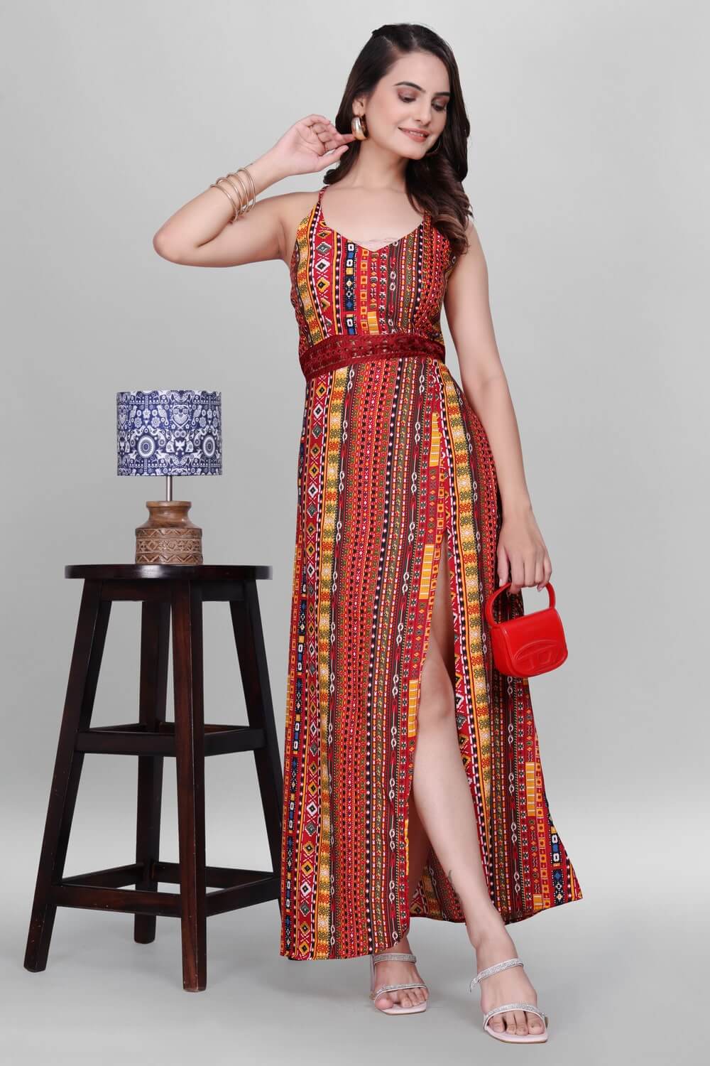 Women’s ethnic orange multi-color cotton dress India