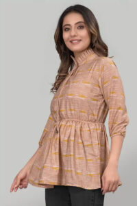 Yellow Floral Crepe Tunic with Ruffle Neck for Women by ZELZIS