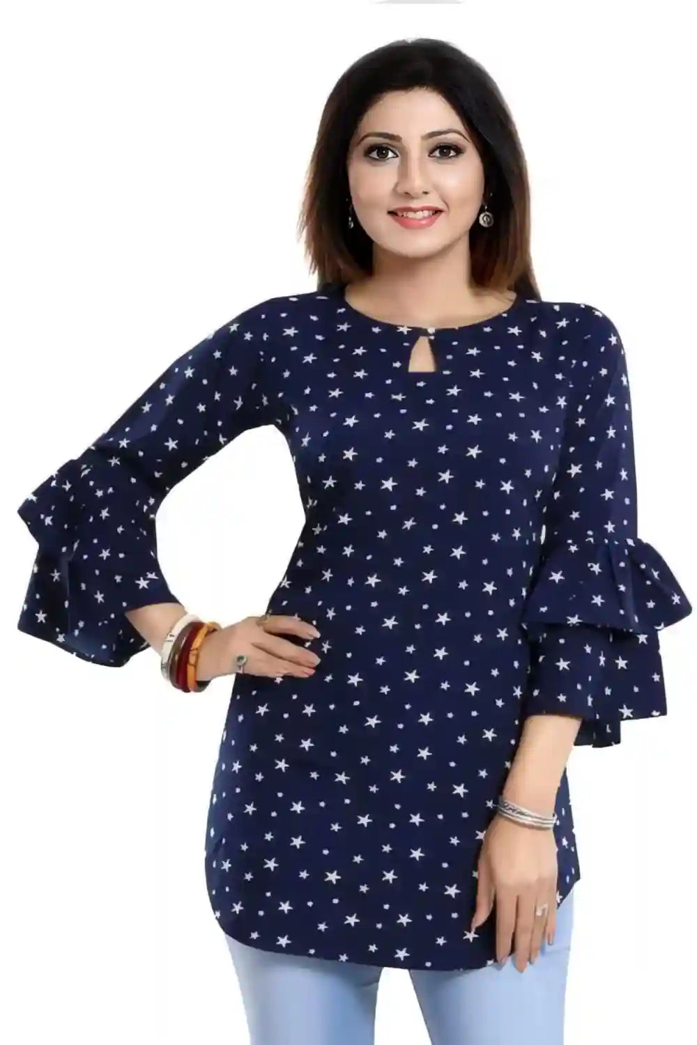 ZELZIS Blue Star Print Crepe Tunic with Keyhole Neck – Stylish Casual Wear