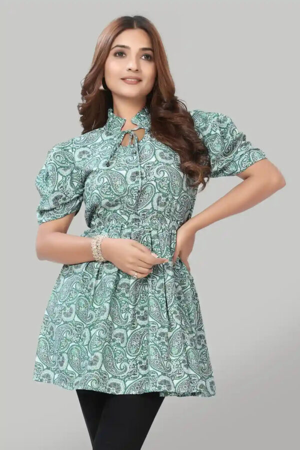 ZELZIS Green Crepe Top with Ruffle Collar – Stylish & Comfortable for Women