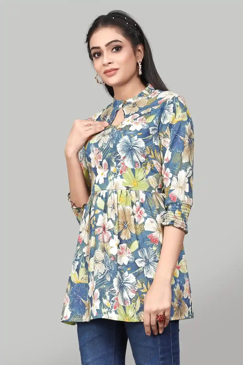 ZELZIS Teal Floral Rayon Tunic with Keyhole Neck for Women – Casual & Party Wear