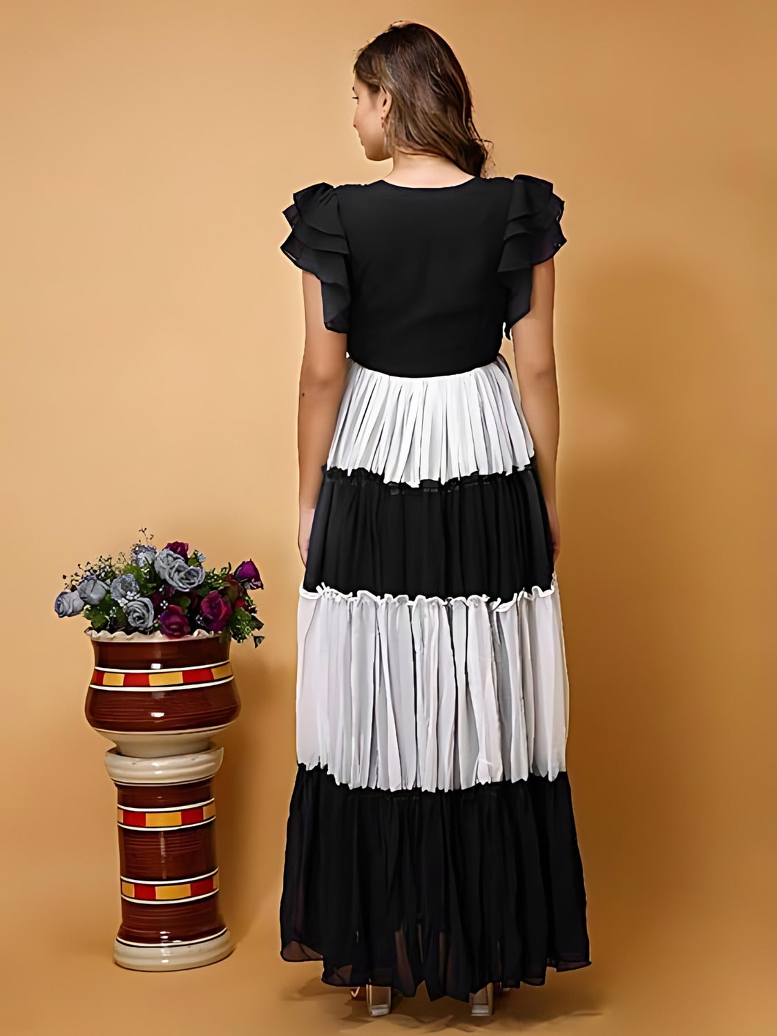ZELZIS Women’s Black Colourblocked Flared Maxi Dress for Casual & Party Wear