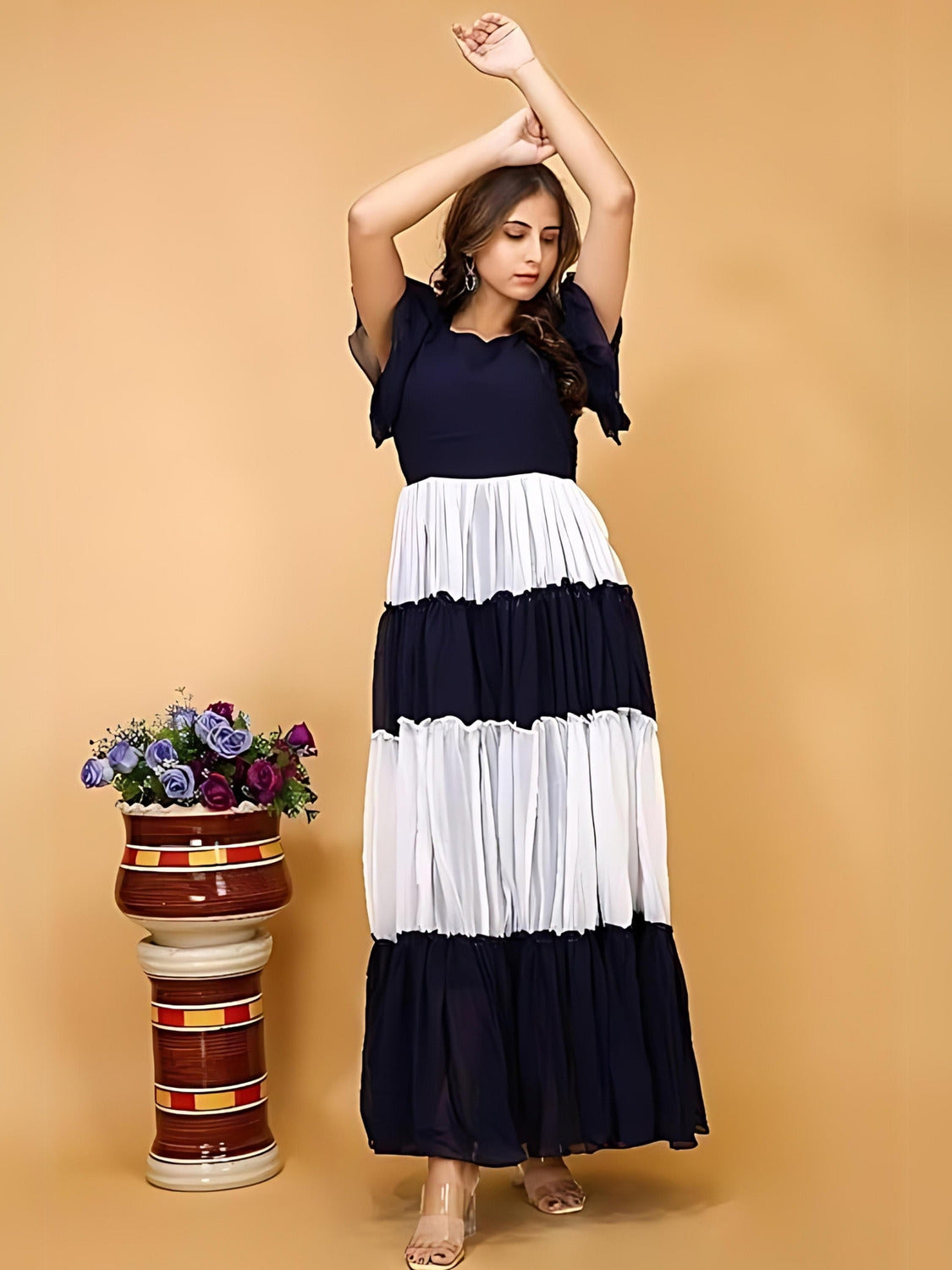 ZELZIS Women’s Blue Colourblocked Flared Maxi Dress for Casual & Party Wear