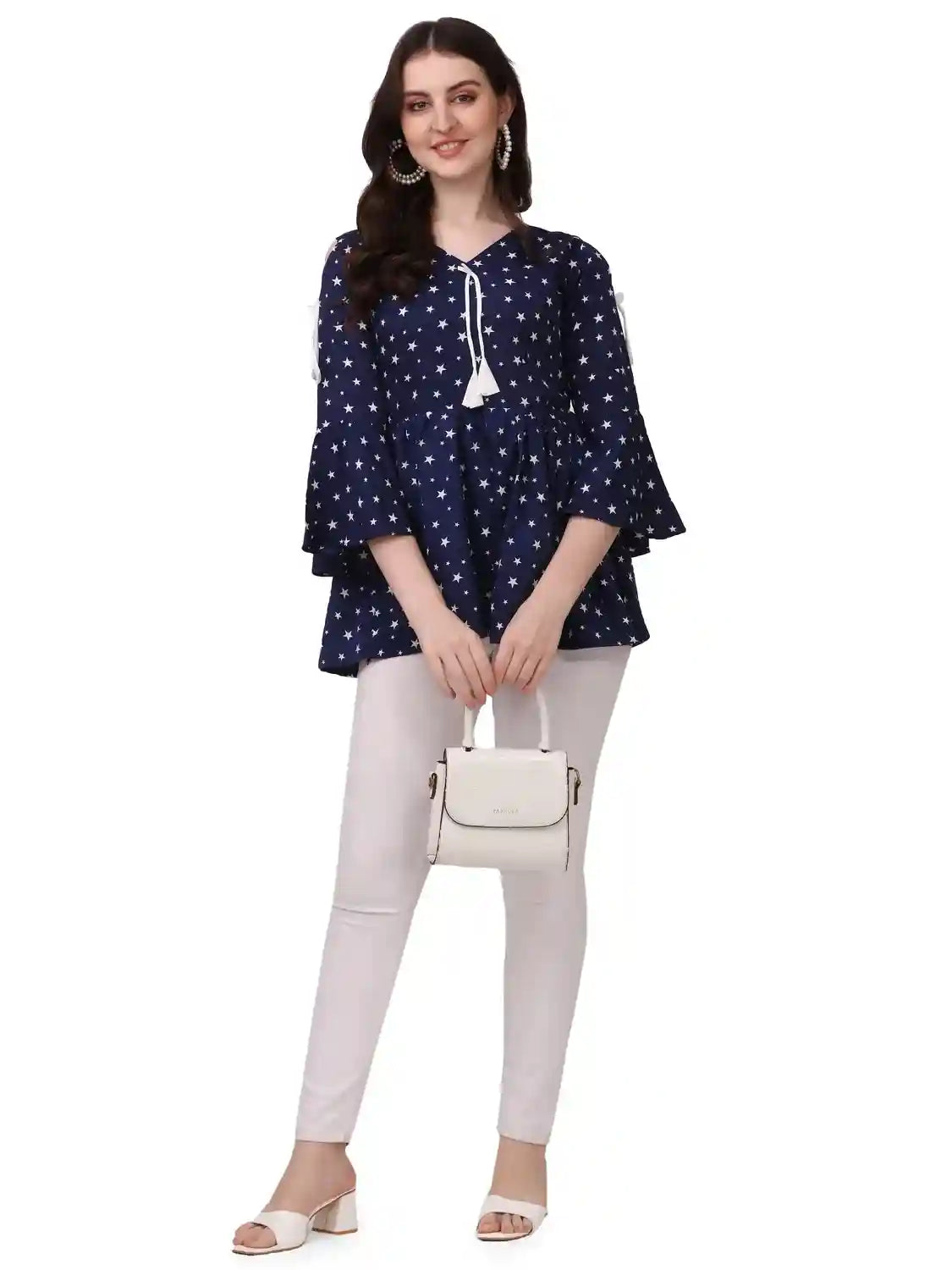 ZELZIS Women’s Blue Crepe Tunic with Star Print and Three Quarter Sleeves