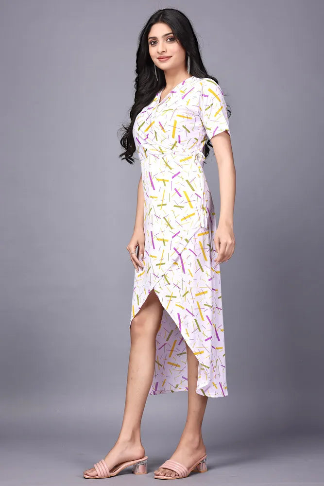 ZELZIS Women's Polyester V-Neck Dress with Multicolor Abstract Lines