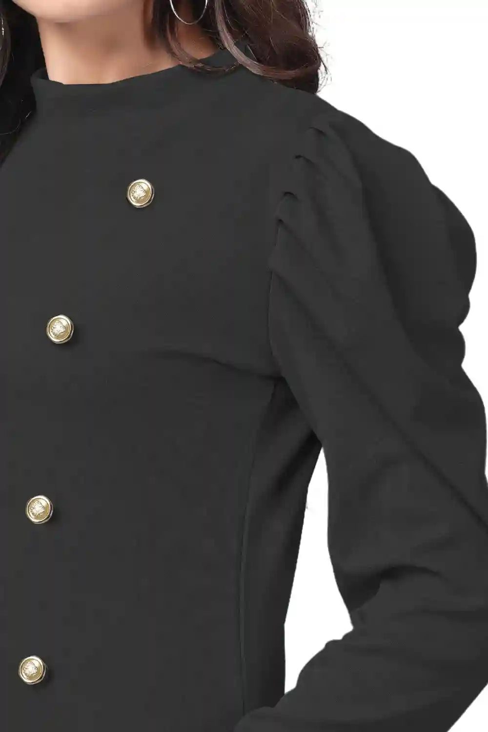 ZELZIS Women’s Solid Black Polyester T-Shirt with Trendy Puff Sleeves