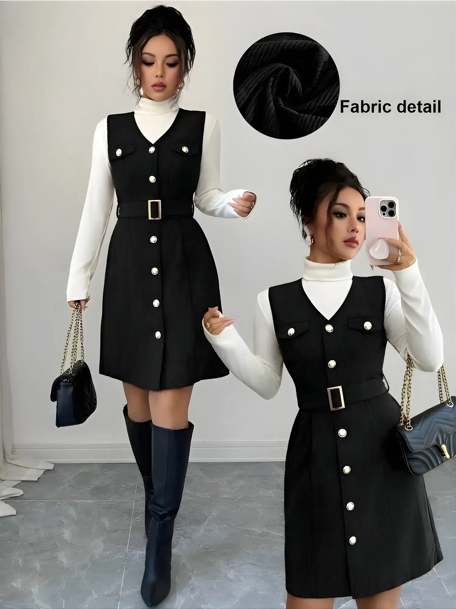 black_11 Woman wearing a black dress with white buttons, holding a phone and a handbag, with fabric detail shown.
