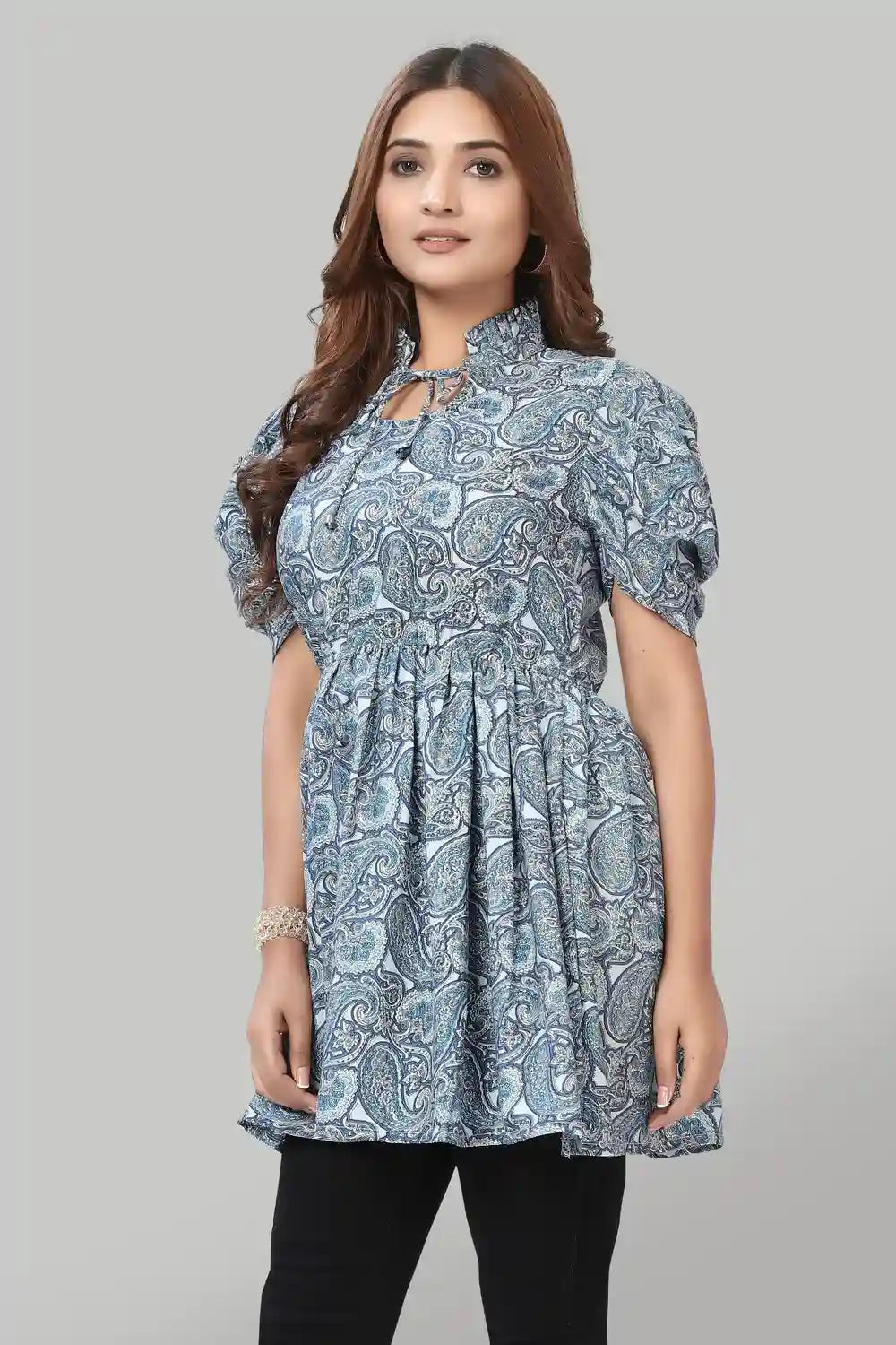 blue floral crepe tie-up neck solid ruffle top for women