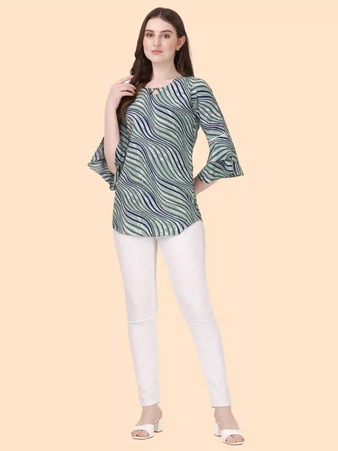 chic green striped crepe top with a keyhole neck for party occasions