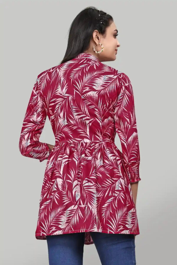 chic maroon leaf print tunic top in rayon for casual and party wear
