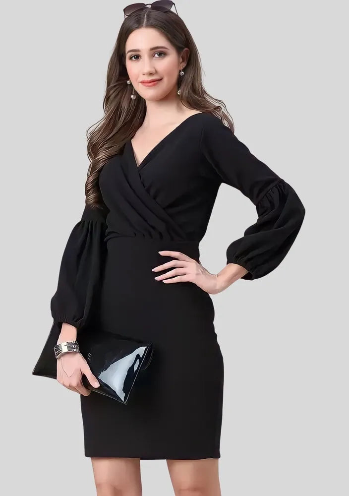 comfortable-black-bodycon-party-dress Comfortable black V neck polyester bodycon dress for party events
