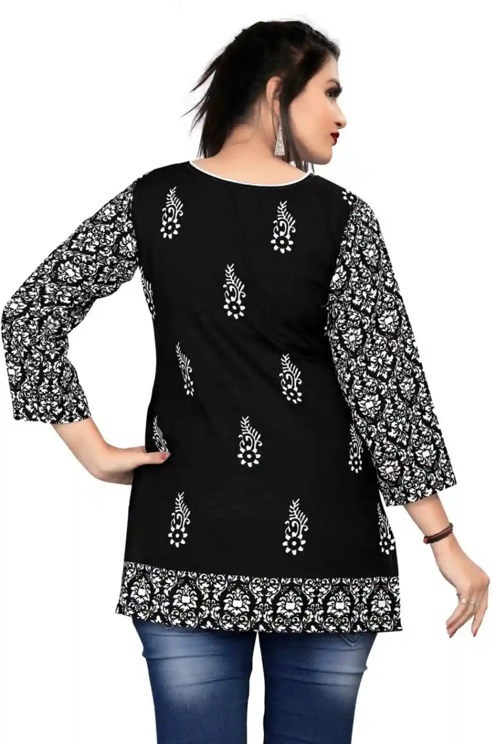 elegant black rayon tunic top with round neck and regular sleeves