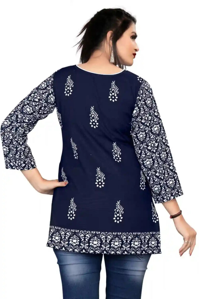 elegant blue digital printed tunic top with regular sleeves