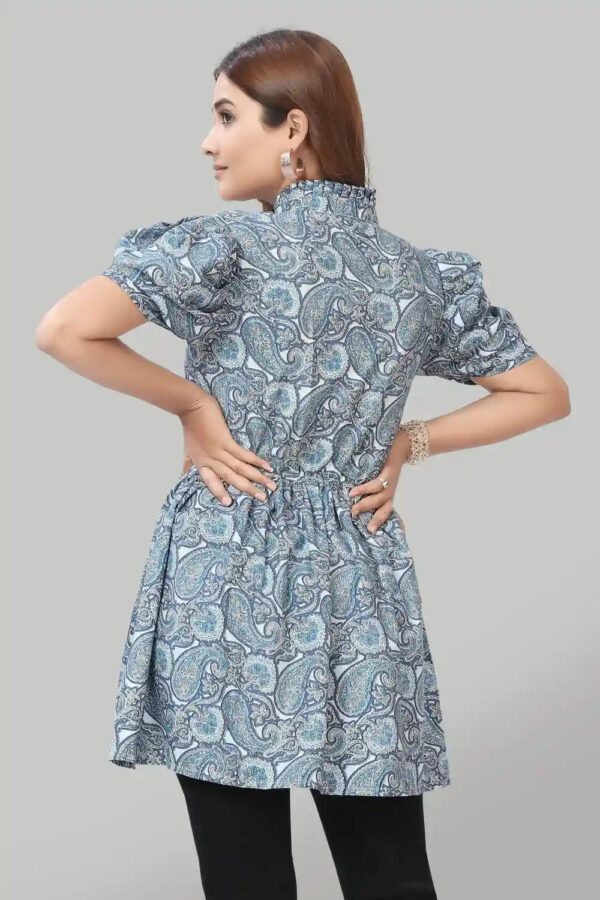 elegant blue floral ruffle collar crepe top for casual wear