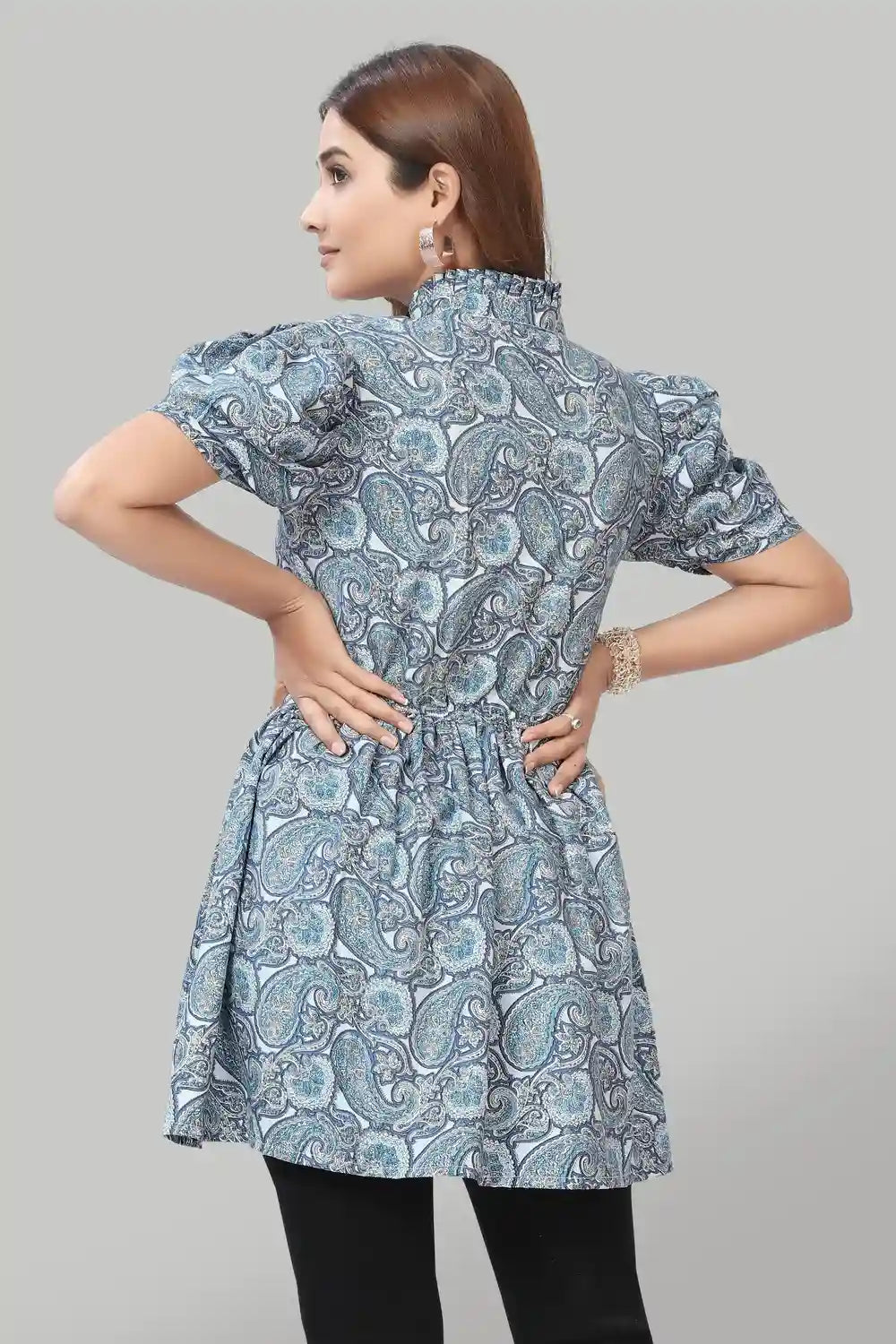 elegant blue floral ruffle collar crepe top for casual wear