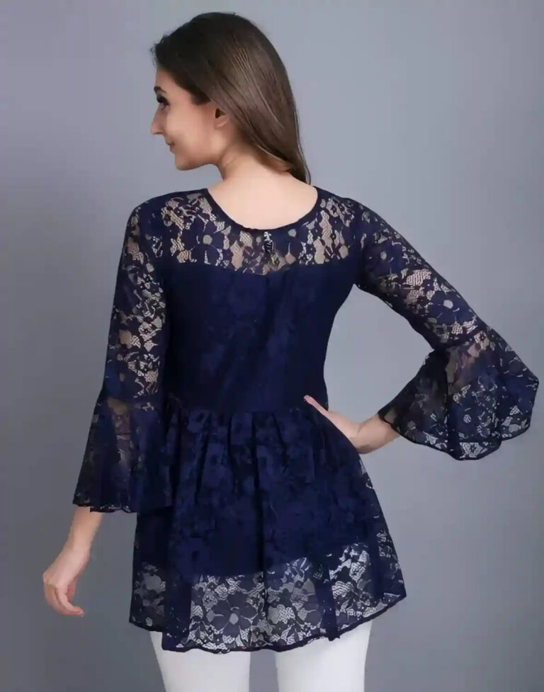 elegant blue self-design russle net top with crepe inner for women