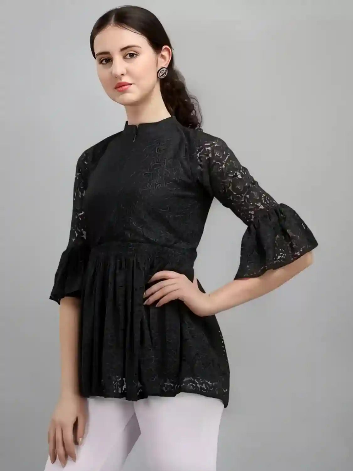 fashionable black crepe inner top with net detailing for women