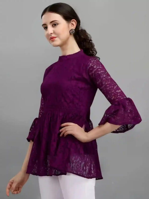 fashionable purple casual top with coding net design and crepe inner