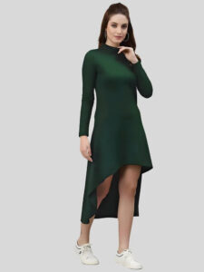 Green high low full sleeve polyester bodycon dress by ZELZIS