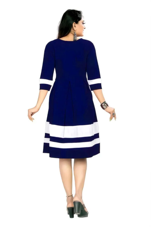 Knee-length blue solid crepe fit & flare dress with round neck