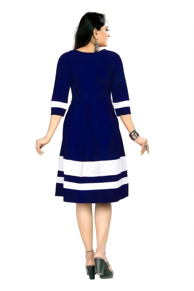 Knee-length blue solid crepe fit & flare dress with round neck