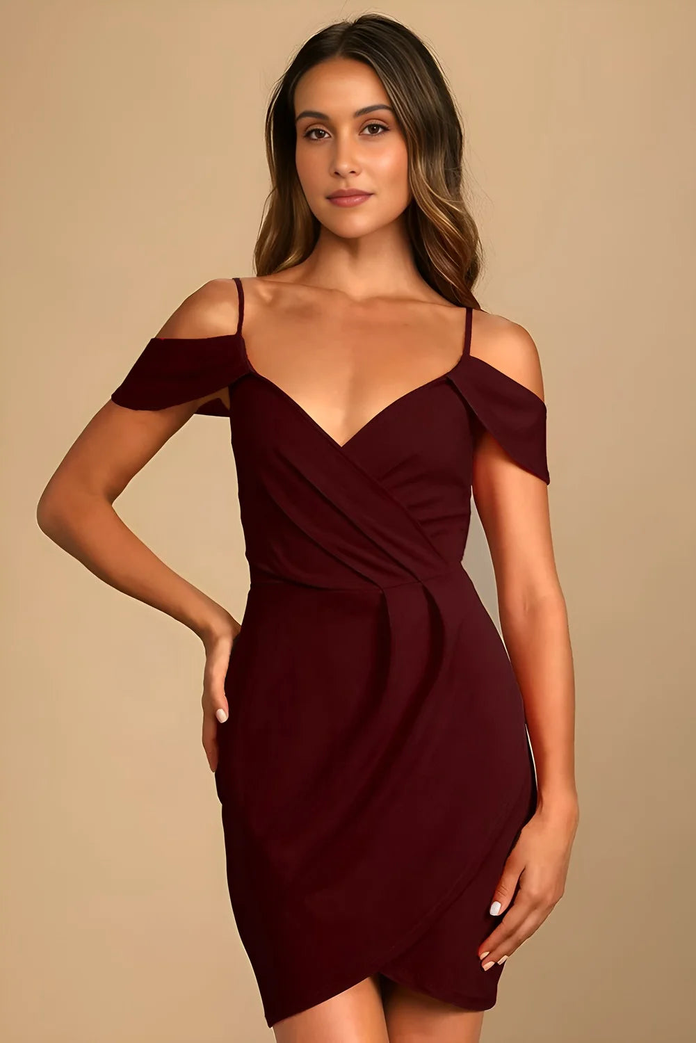 short_sleeve_cold_shoulder_maroon_dress_for_party short sleeve cold shoulder maroon dress for party