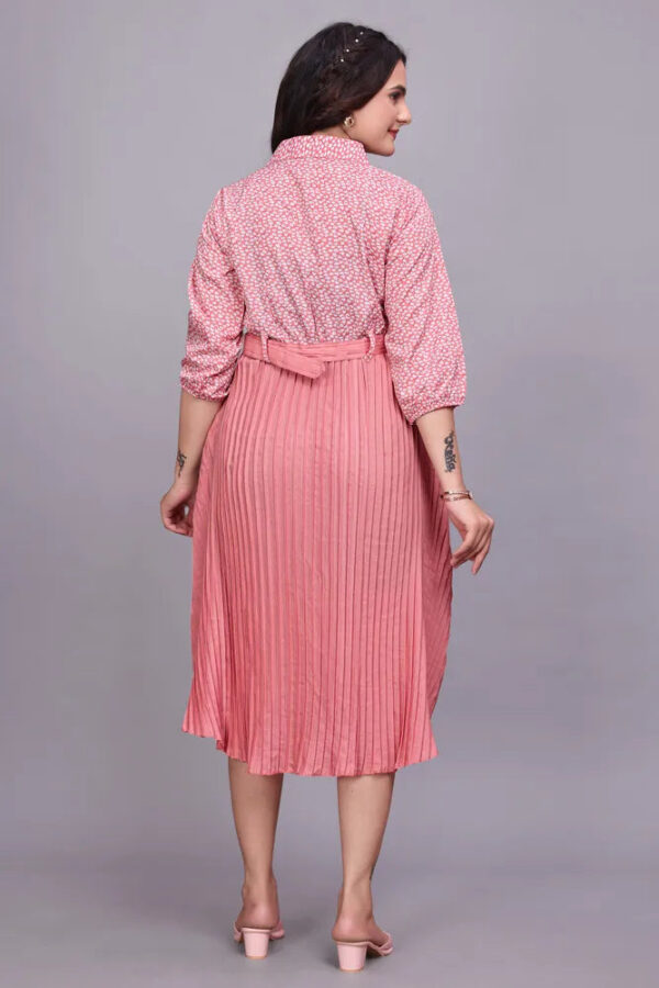 Solid pink crepe dress with round cowl neck and full sleeves