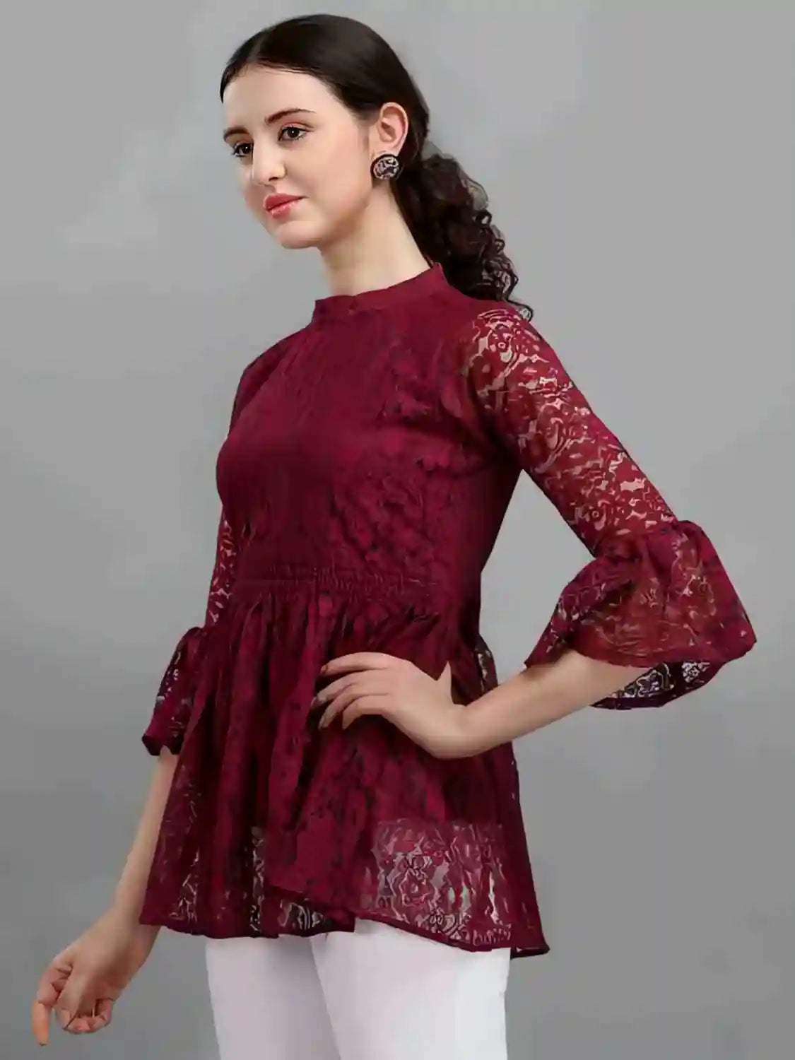stylish maroon coding net top with crepe inner for daily wear