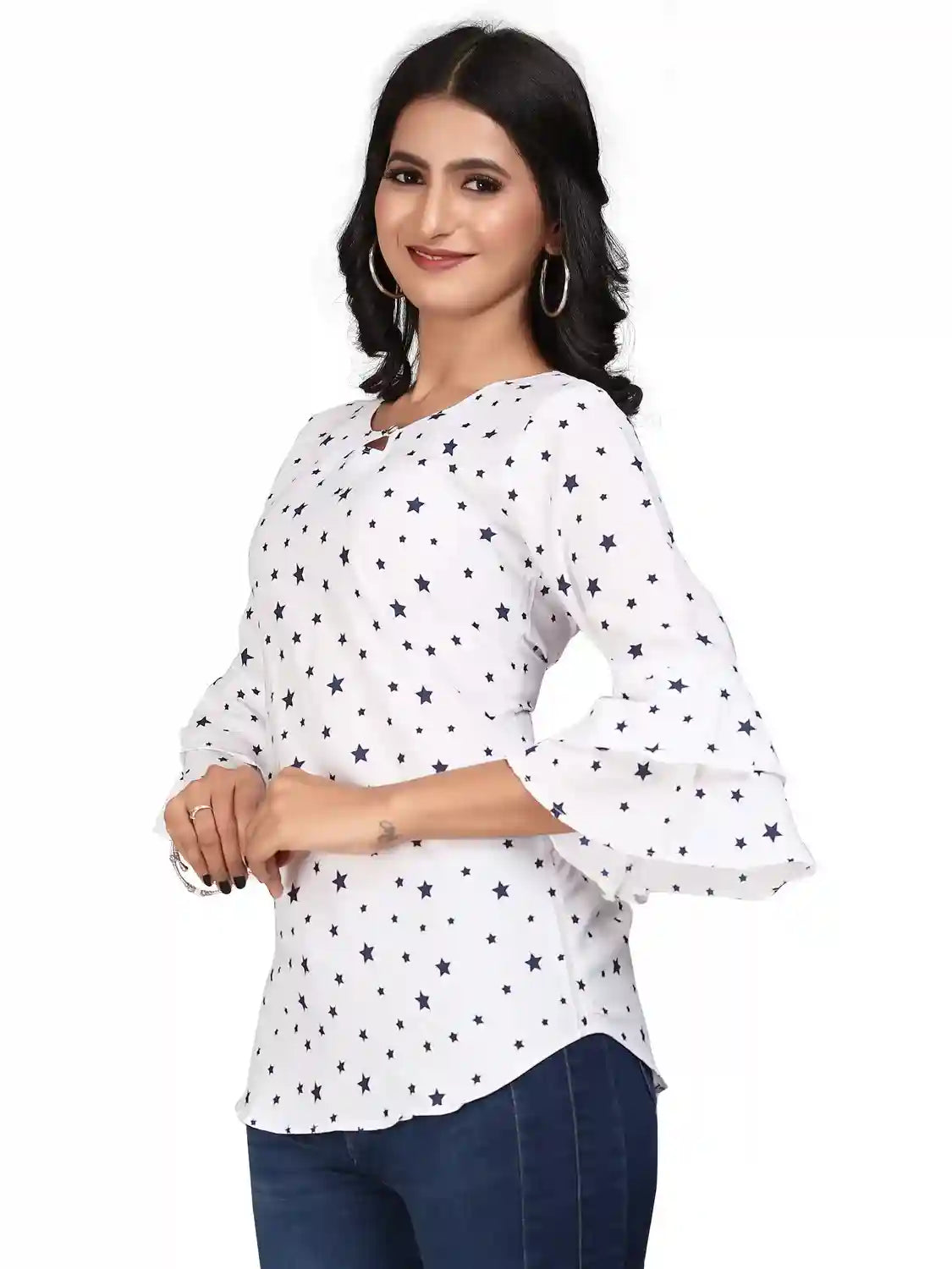 stylish white crepe tunic with star pattern for casual wear