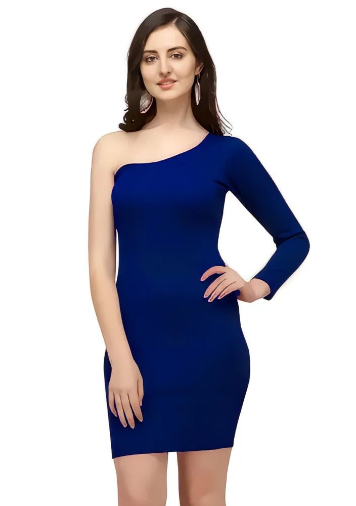 trendy-blue-knee-length-dress Trendy blue solid polyester dress with one shoulder design