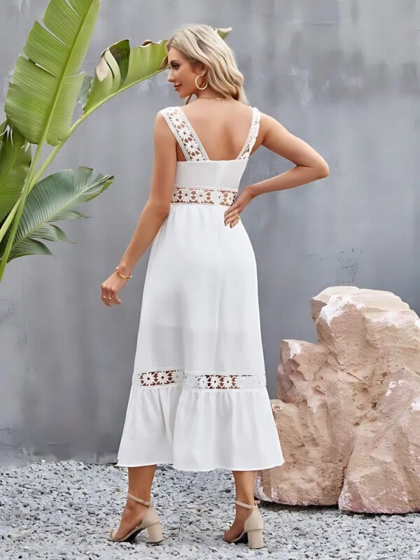 White flower crochet wide strap stylish midi dress