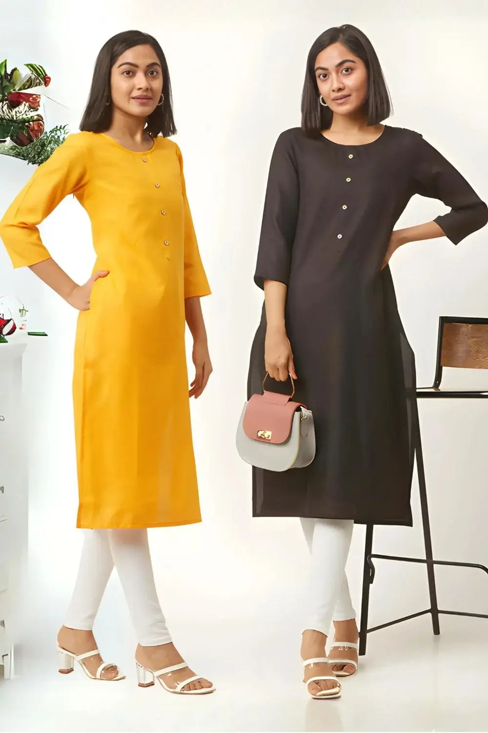 zelzis_fashion_online_shopping_Yellow_Black_Straight_Plain_Casual_Wear_Cotton_Combo_Kurtis zelzis fashion online shopping Yellow & Black Straight Plain Casual Wear Cotton Combo Kurtis